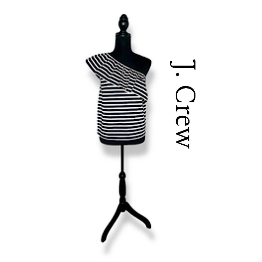 J. Crew One Shoulder Ruffled Navy White Striped Cotton Blouse Top Size M EUC!